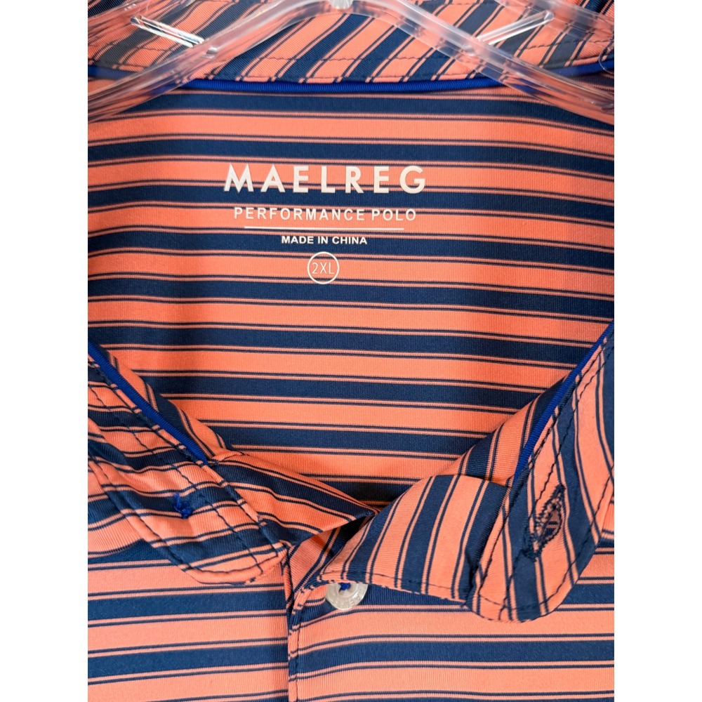 Maelreg Mens 2XL Performance Polo Shirt Orange Navy Blue Striped Preppy‎ Golf